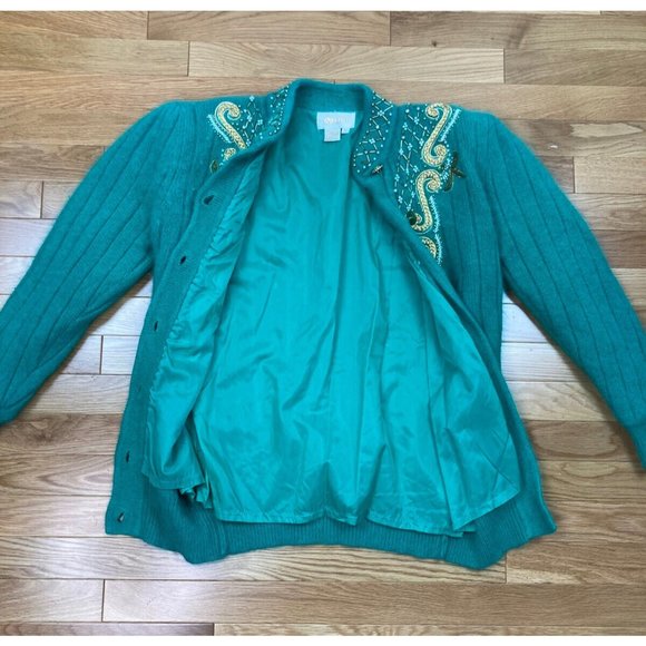*Vintage Belldini Angora Embellished Button Cardigan Sweater M Green Gold Jewel - Picture 11 of 11